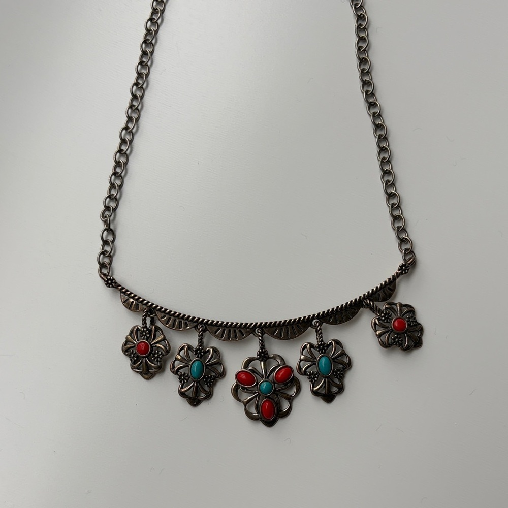 925 silver Floral Drop Necklace with Red and Turquoise Accents